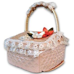 Vtg Wicker Sewing Picnic Basket Quilted Pink Satin Lace Floral Applique Korea